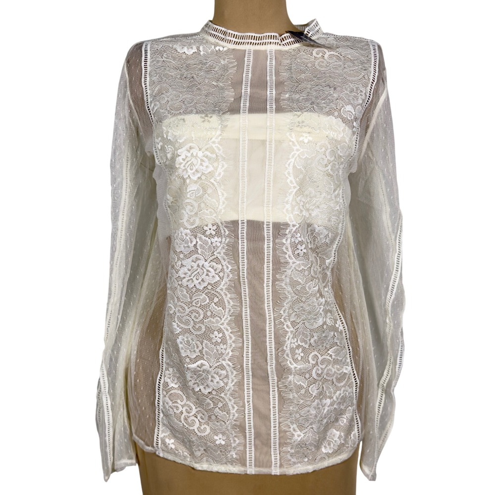 NWT Express Lace Inset‎ Blouse Sheer Long Sleeve Top Ivory XL Cottagecore Boho - Picture 6 of 8